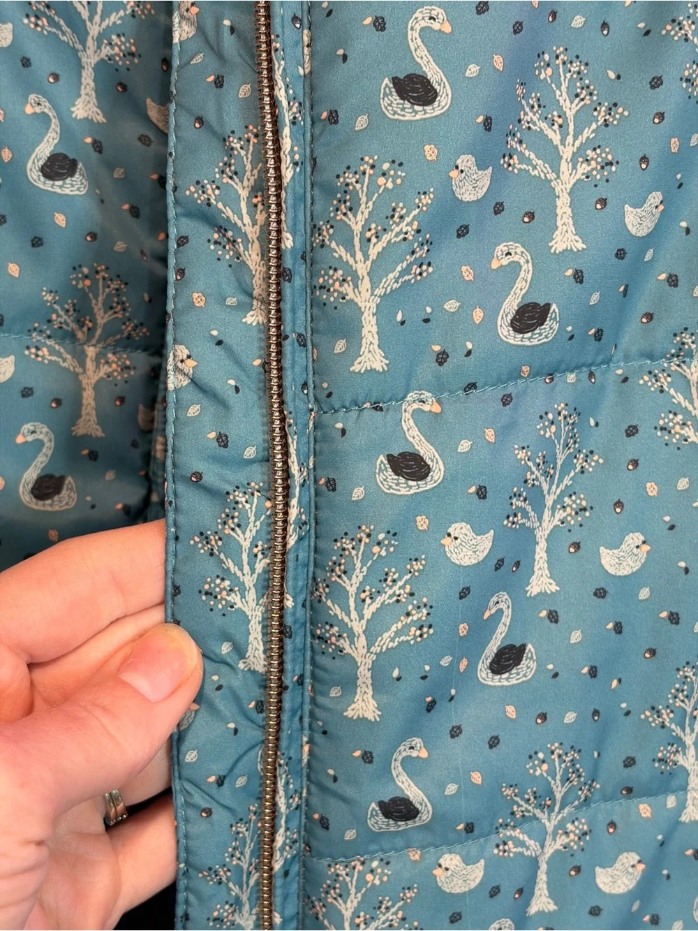 Copper Key Girls Sherpa Lined Hooded Puffer Vest Blue Swan Winter print cottage